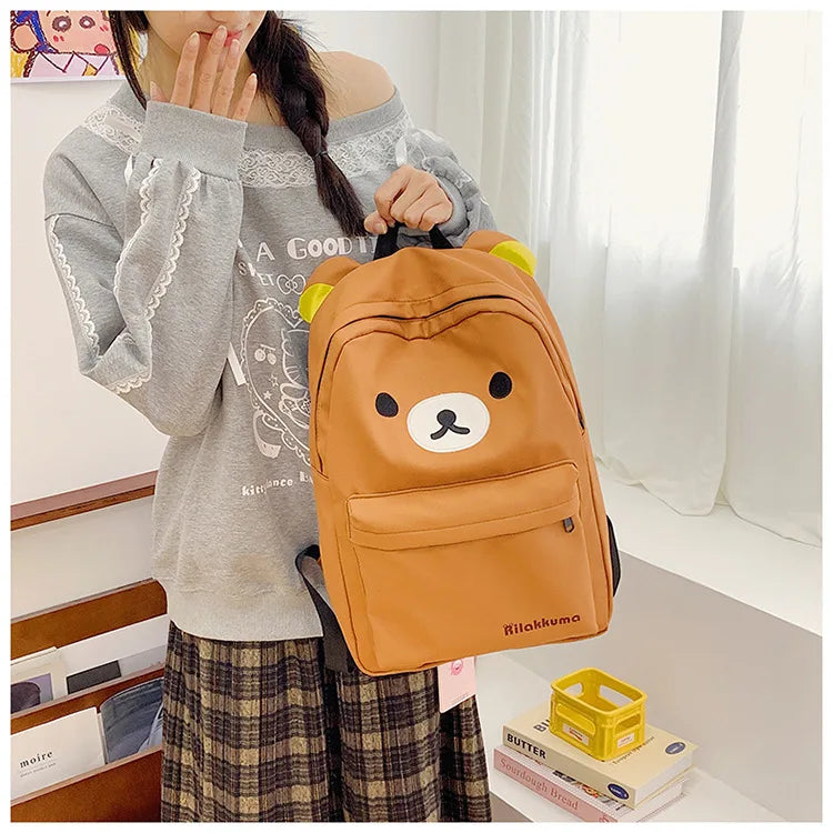 Rilakkuma Kawaii Cartoon Backpack Waterproof Nylon Large Capacity Embroidery School Bag For Young Adult Daily Travel Campus Work