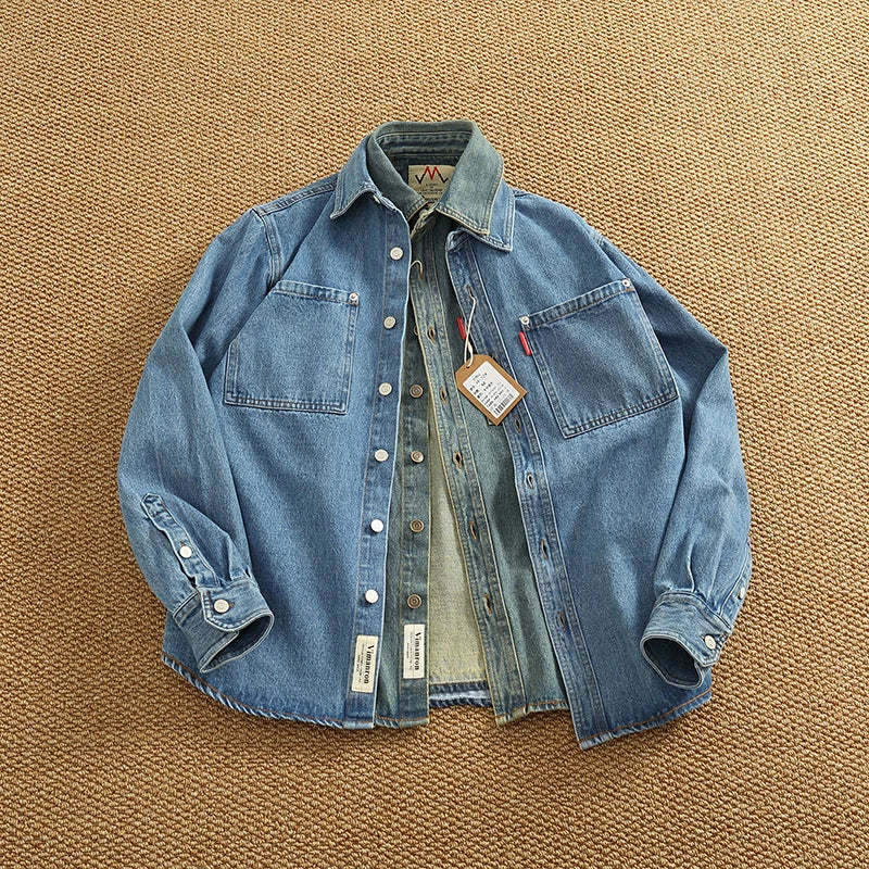 Spring Autumn New American Retro Long-Sleeve Lapel Solid Color Denim Shirt Men's Fashion 100% Cotton Washed Old Casual Blouses