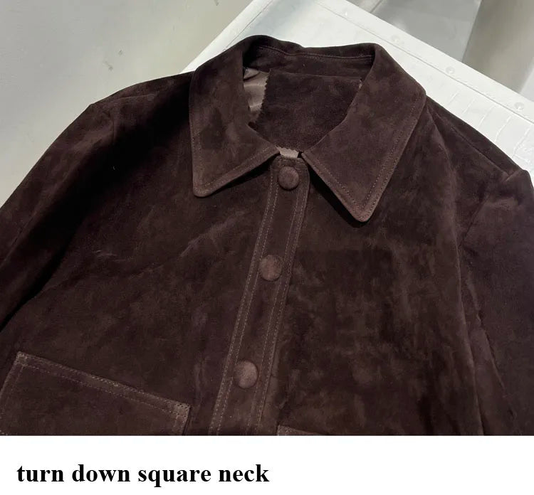 Winter Woman Clothing Old Money Style Retro Chocolate Brown Kid Suede Genuine Leather Jacket Streetwear Collar Slim Short Coat