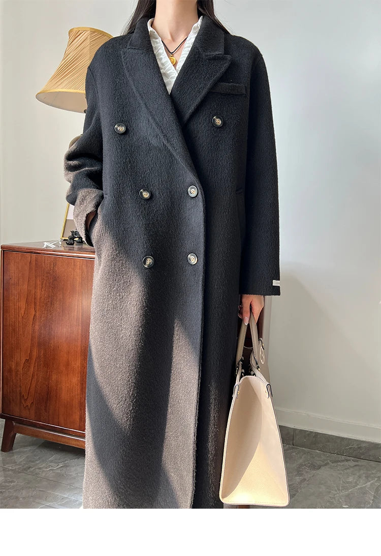 Office Lady Woolen Jackets 2024 Autumn And Winter Suit Collar Double Breasted Warmer Yak Hair Loose Long Women's Wool Coats