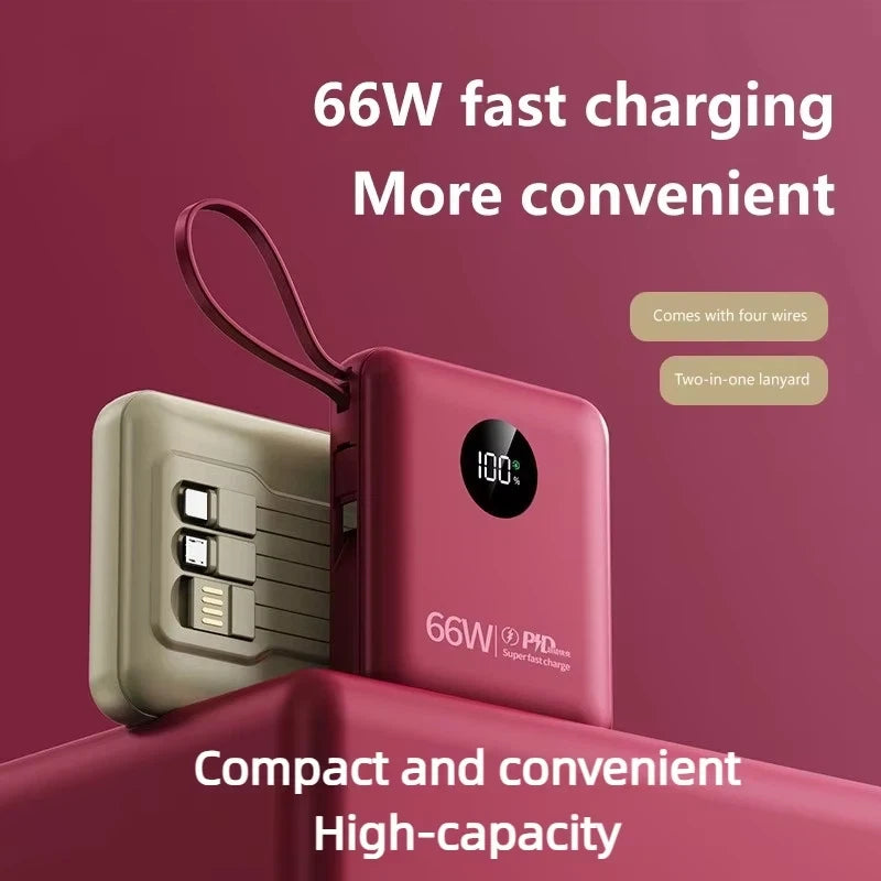 50000mAh PowerBank 66W Super Fast Charging with Cable Large Capacity Compact Portable Mini Shared Four Wire Mobile Power Bank