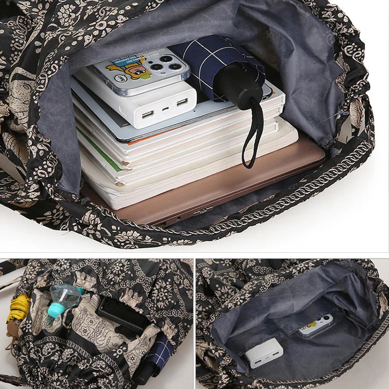 Women's Backpack Drawstring Large Capacity Lightweight Leisure Minimalist Portable Shopping Travel Bag Fitness Sports Bag