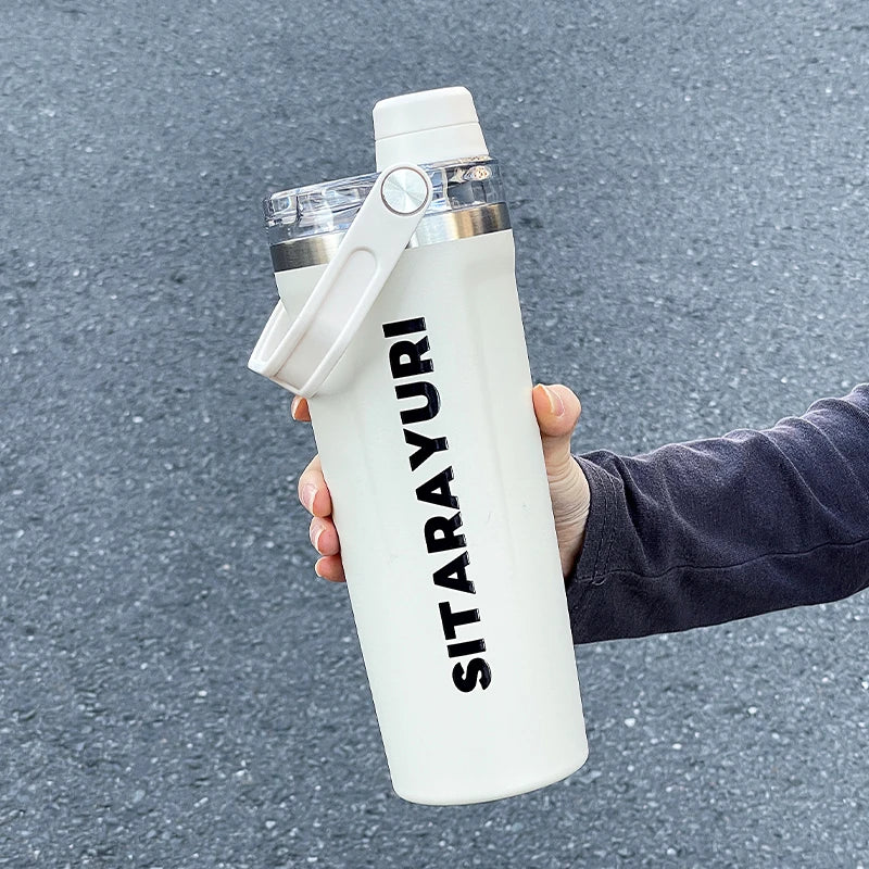 1pc 800ml magnetic lid insulated water bottle, minimalist letter print handle water cup, office and outdoor insulated cup