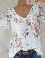 Women Summer Fashion Trendy Short Sleeve Lace Up Floral Print Blouses Tops  T-Shirts Casual Summer Lace Stitching Shirts