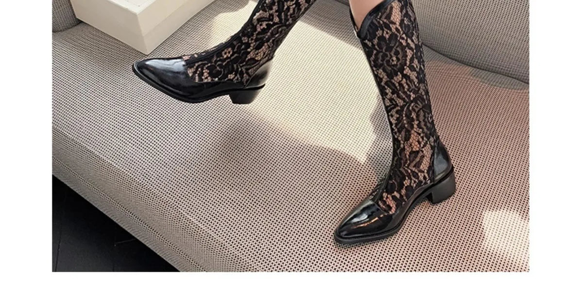 Woman Fashion Lace Flower Boots Thick Heel Pointed Toe Mid-calf Boots Female Footwear Summer Size 41 Breathable Botas De Mujer