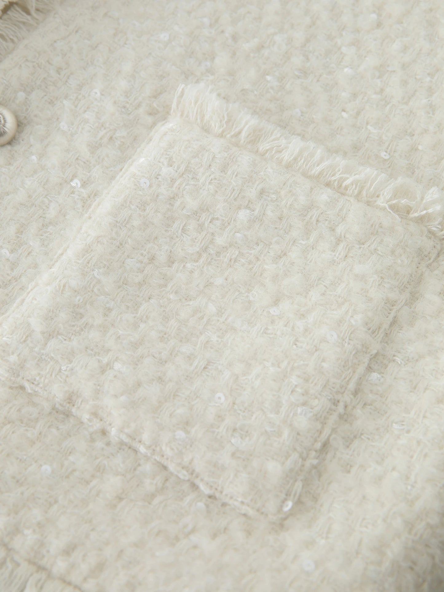 ZIQIAO Straight Shoulder Wool Sequined French Style Jacket for Women 2025 Autumn New White Top Elegant Ladies