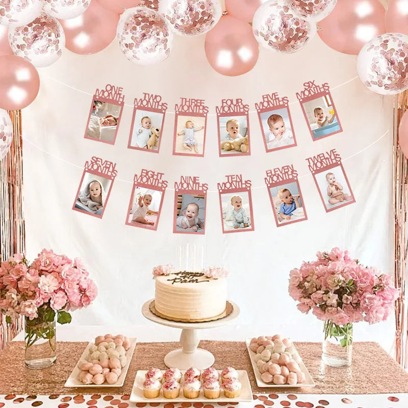 Birthday Baby One Year 12 Months Photo Banner Boy Girl 1 Year First Birthday Party Picture Photo Frame Garland Anniversary Decor