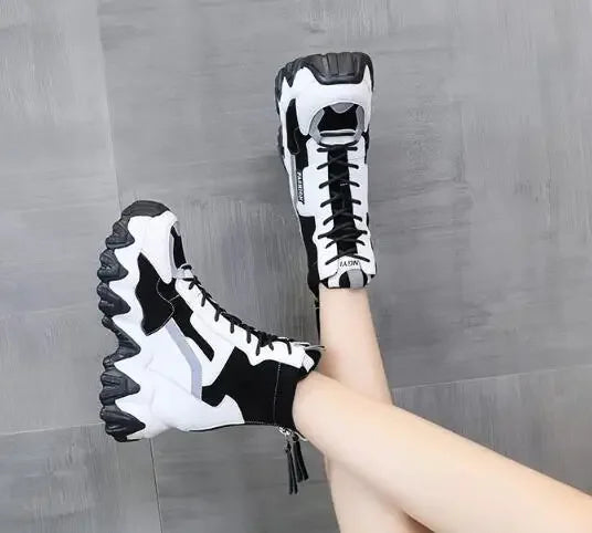 2024 Women Thick Sole Ankle Boots Autumn Luxury Platform Casual Boots Women's 8cm High Heels Wedge Boots Shoes Woman Sneakers