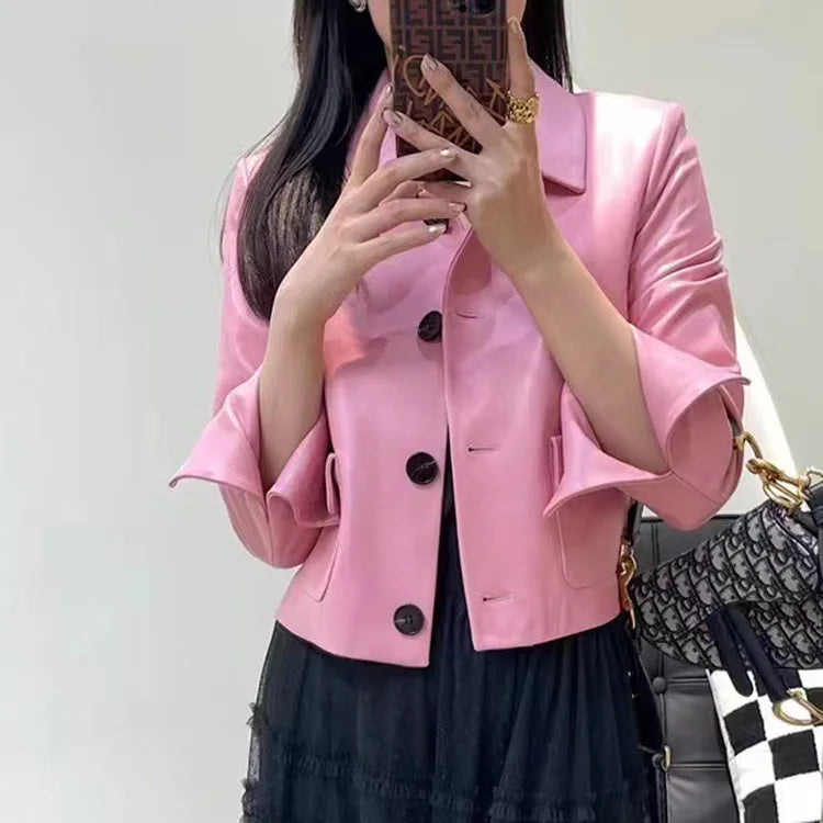 Women Genuine Leather Jacket 2025 Winter Female Square Collar Pocket Single-Breasted Slim Short Coat Mujer Outwear Blazer Kurtki