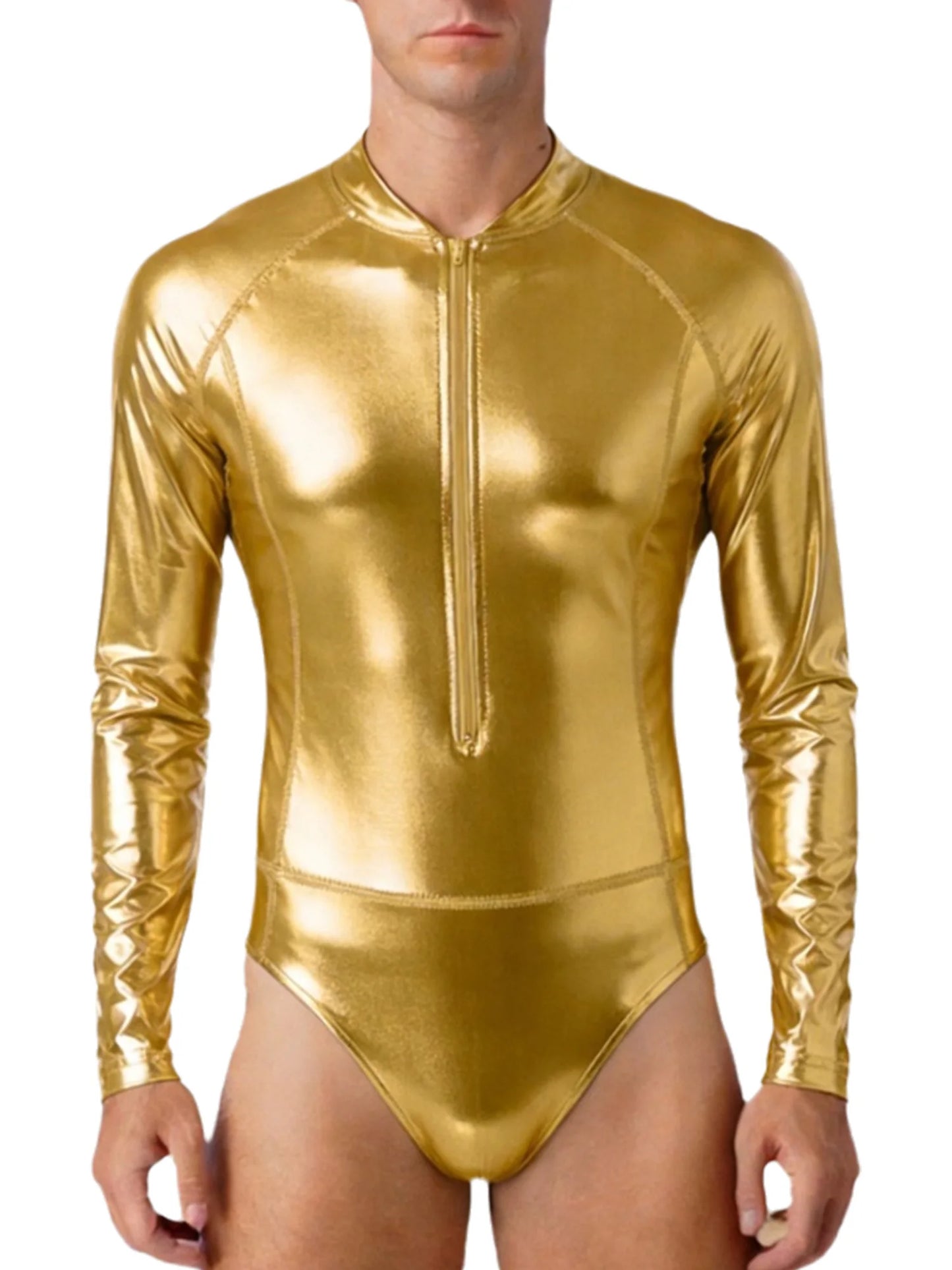 Mens Bathing Suits Swimsuits Metallic Shiny Bodysuit Long Sleeve One-piece for Nightclub Jazz Dance Beach Gymnastics Leotard