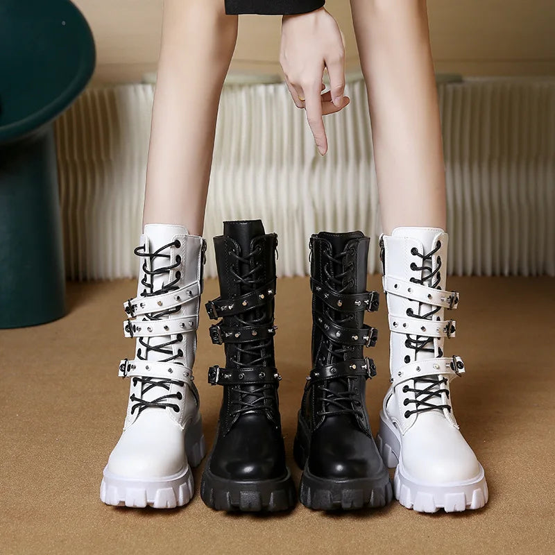 WOMEN ANKLE BOOTS Goth Boots Woman Winter 2024 Platform Shoes Sneakers Studded Belt Buckle Punk  Chunky Heels Mid Calf Boots