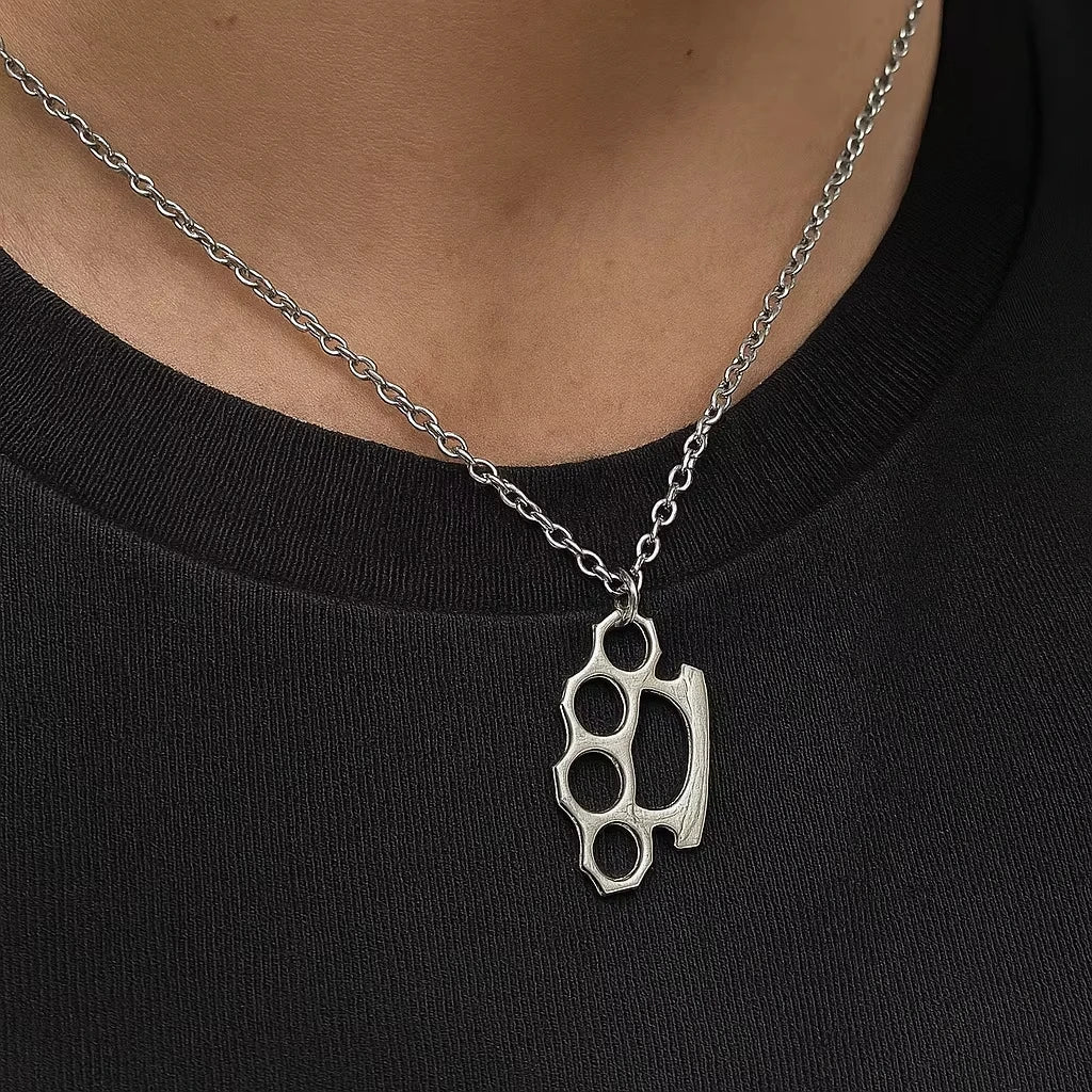 Brass Knuckles Pendant Necklace for Women Men Neck Chain Vintage Summer Goth Jewelry Trend Accessories Holiday Gifts