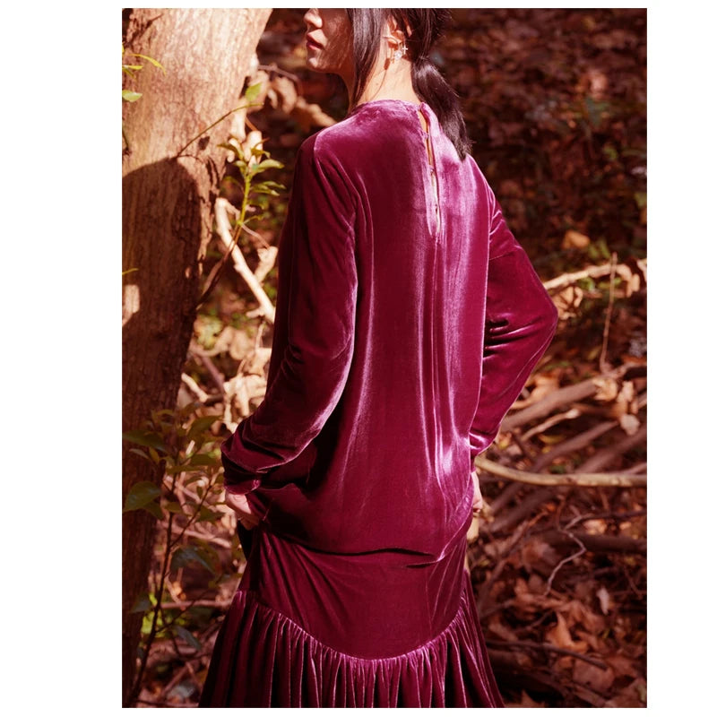 Light Luxury Natural Silk Velvet Women's Dress  Long Sleeve Long Floor-length Dress Temperament Elegant Casual Spring Autumn