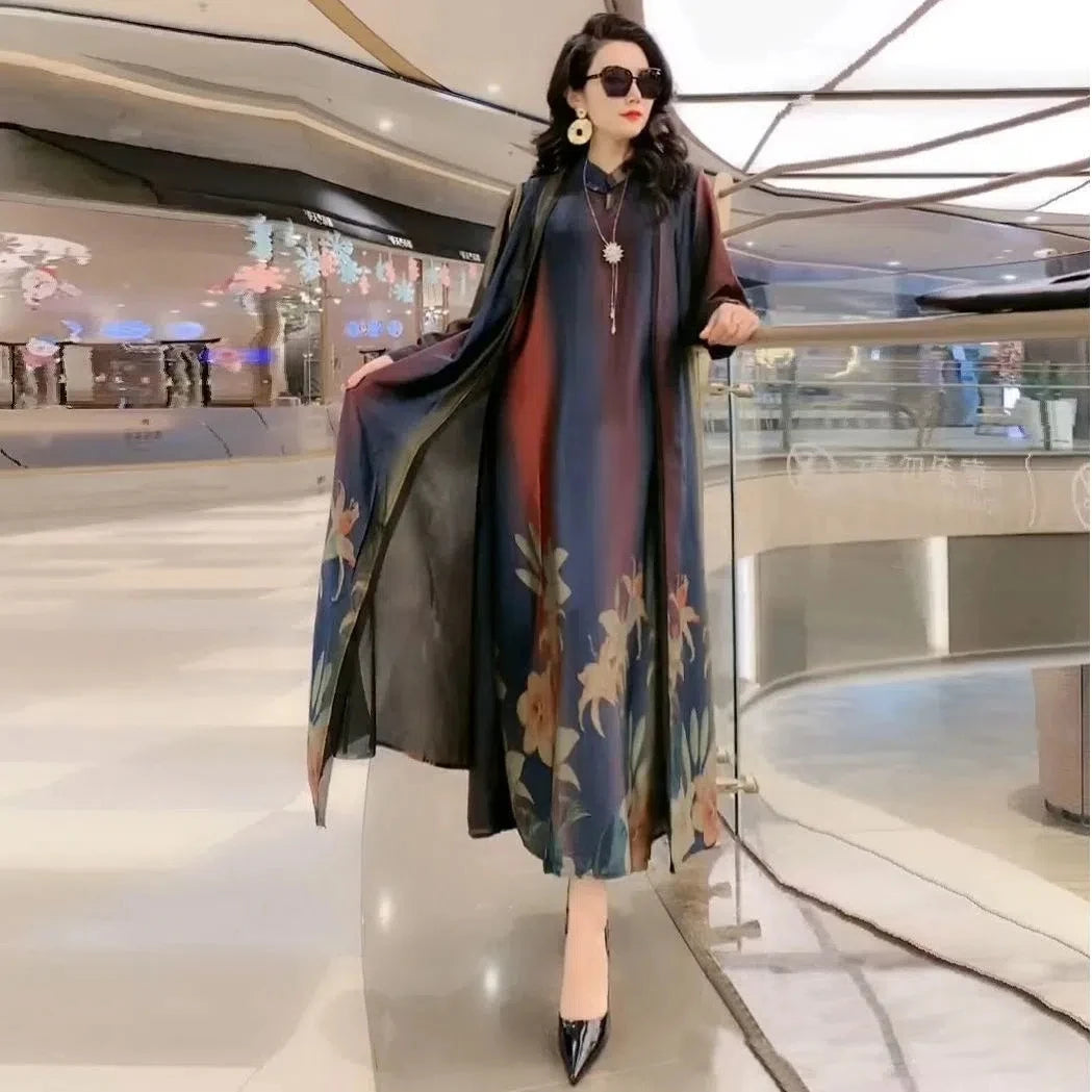 Authentic Silk Dress for Mother, Silkworm Loose Dress, High-End Print, 2-Piece Dress, Women's Dresses, Spring, Summer, New, 2023