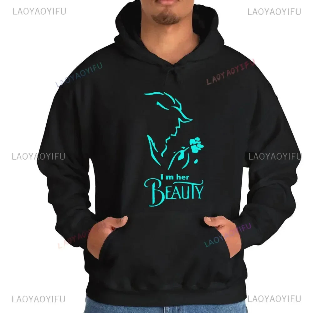 I'm Her Beast I'm His Beauty Print Sweatshirts Couple Matching Hoodies Men Women Long Sleeve Hooded Luminous Lover Hoodie