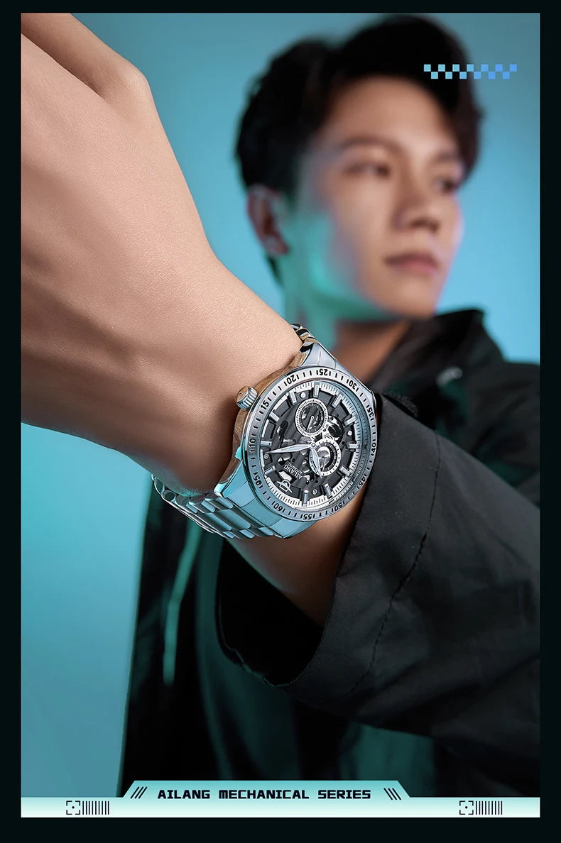 AiLang automatic mechanical watch back hollow out men high-end fashion multifunctional calendar glow-in-the-dark waterproof