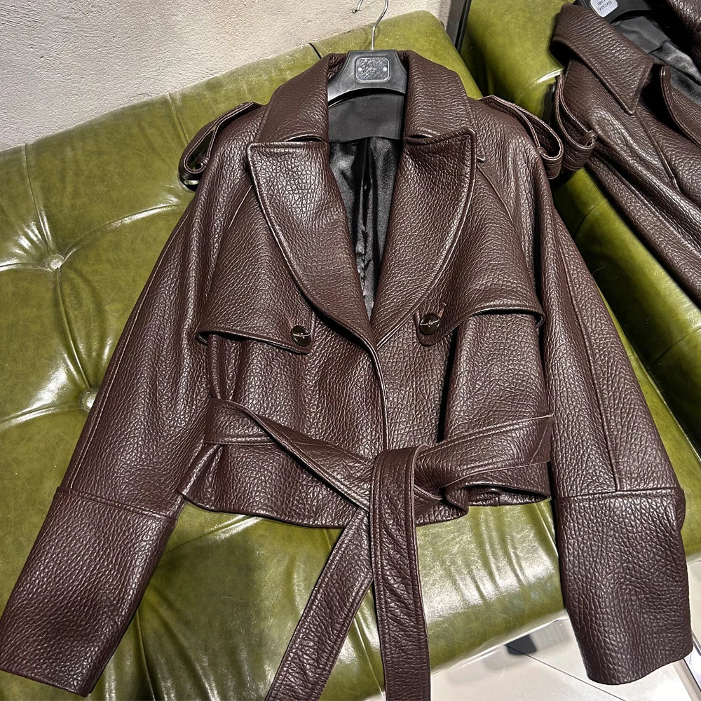 Elegant Black Leather Jacket Women Grained Sheep Leather Jackets New Style Lace-up Leather Jacket