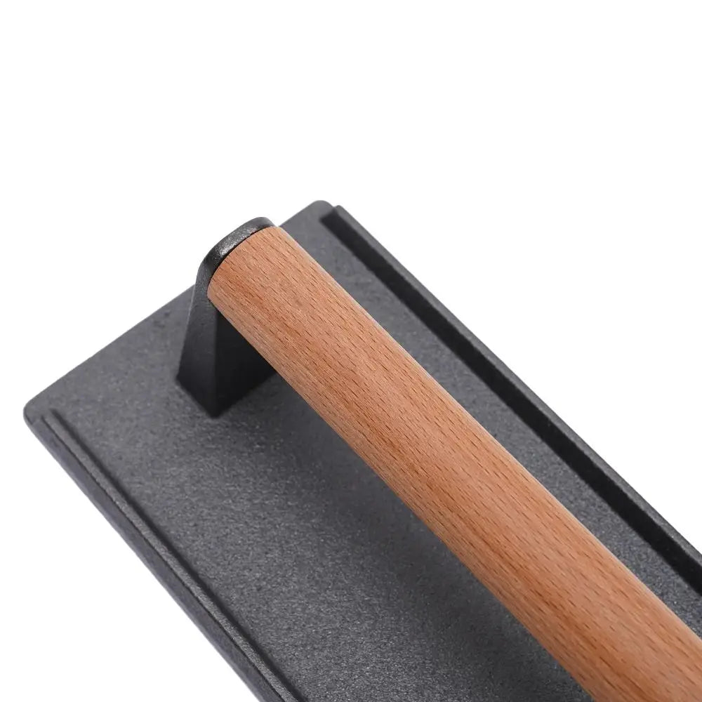 Cast Iron Meat Press Board Heavy-Duty Flat Top Steak Burger Press Wooden Handle Round Rectangular Grill Hamburger Grinder