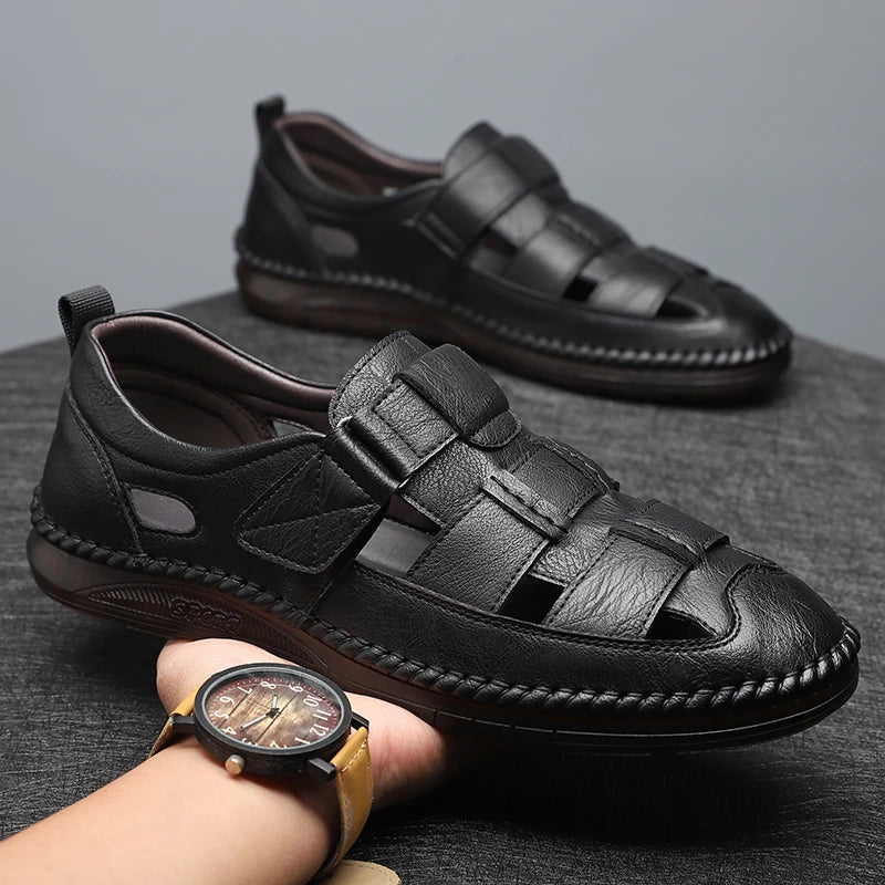 Genuine Leather 2024 Summer Special Offer Men's Business Casual Hollow Work with Holes Leather Sandals Men's Work Hole Sandals