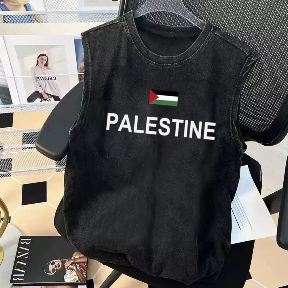 Palestine Heart Scribble Graphic T-Shirt Mens Tank Tops Gym Clothing Vintage Washed Women Y2k Clothes Oversized Sleeveless Vest