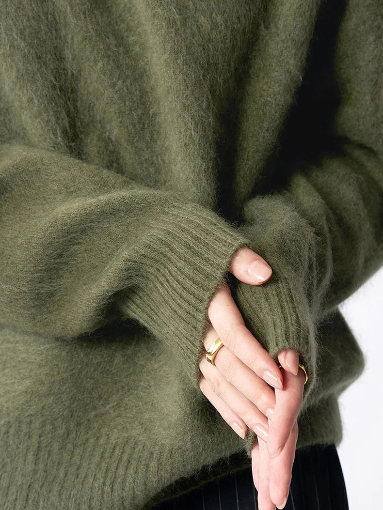 SuyaDream, Women Fleece Pullovers, V Neck, 3.8%Cashmere 96.2%Wool, Chic Warm Sweaters, 2025 Fall Winter Solid Top, Camel, Olive