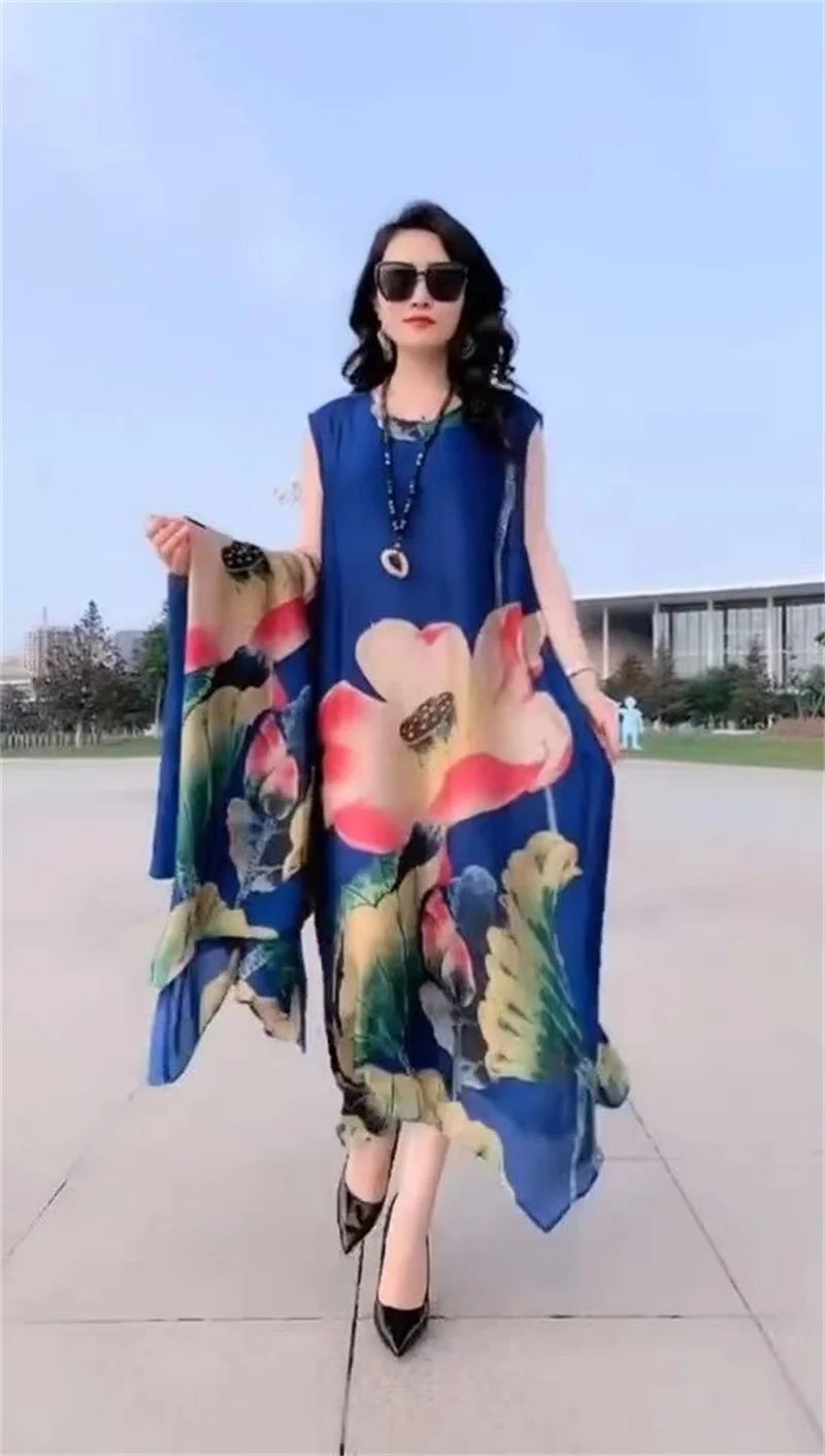 High Atmospheric Elegant Silk Dress Two-piece set 2024 Summer New Westernized Mulberry Silk Large Size Temperament Long Set Skir