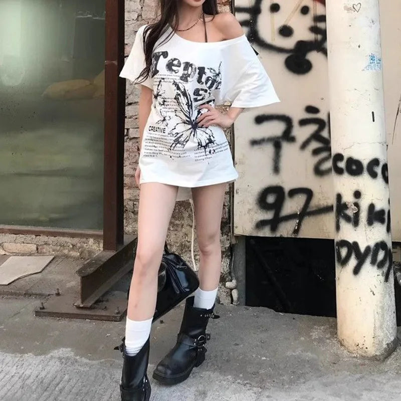 Summer Lady T-shirts Chic Streetwear T-shirts Female Baggy Casual Daily Tops Women Letter Printed Off Shoulder Clothes