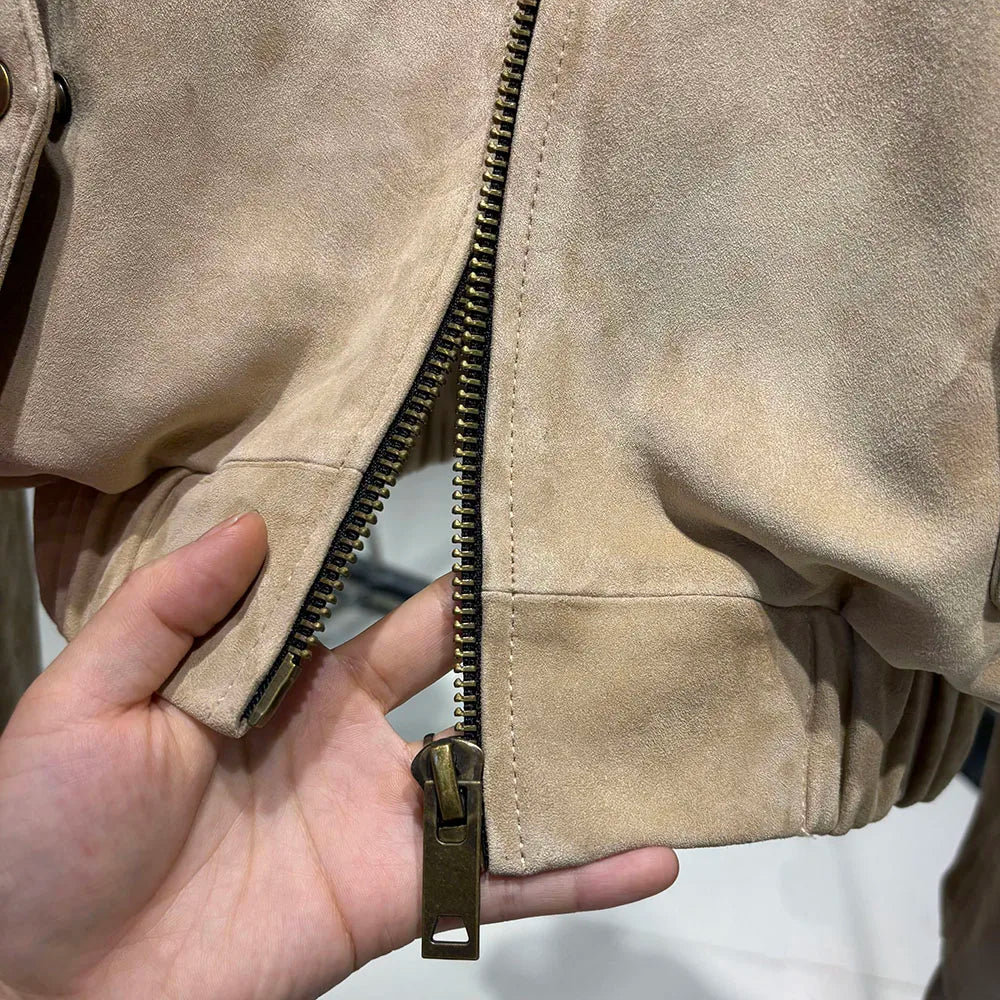 YOLOAgain Suede Leather Jacket Coat Women Real Leather Cropped Jacket Bomber Jacket 2025 Autumn