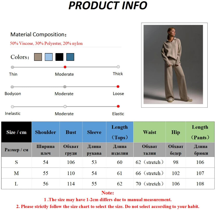 Sumuyoo Winter Thick Women Knitted Suits Cashmere Soft 2 Pieces Sets Female Polo Neck Sweater & Wide Leg Pants Knitted Outfit