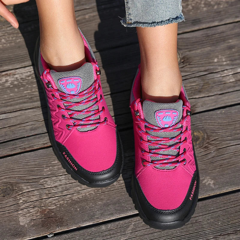 Ladies' Outdoor Hiking Shoes with Black and Pink Non Slip Soles Fashionable Sports Shoes Breathable Mesh Running Hiking Boots