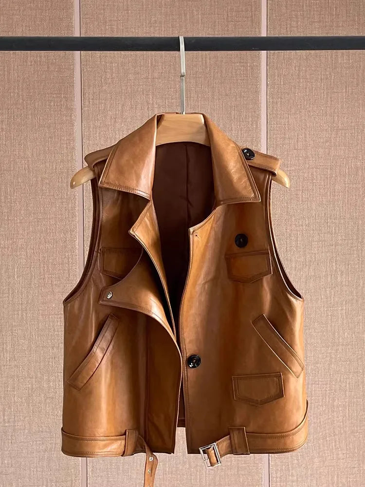 Women's Genuine Leather Vest Sheepskin Short Design Suit Collar Spring Autumn Fashion Outerwear