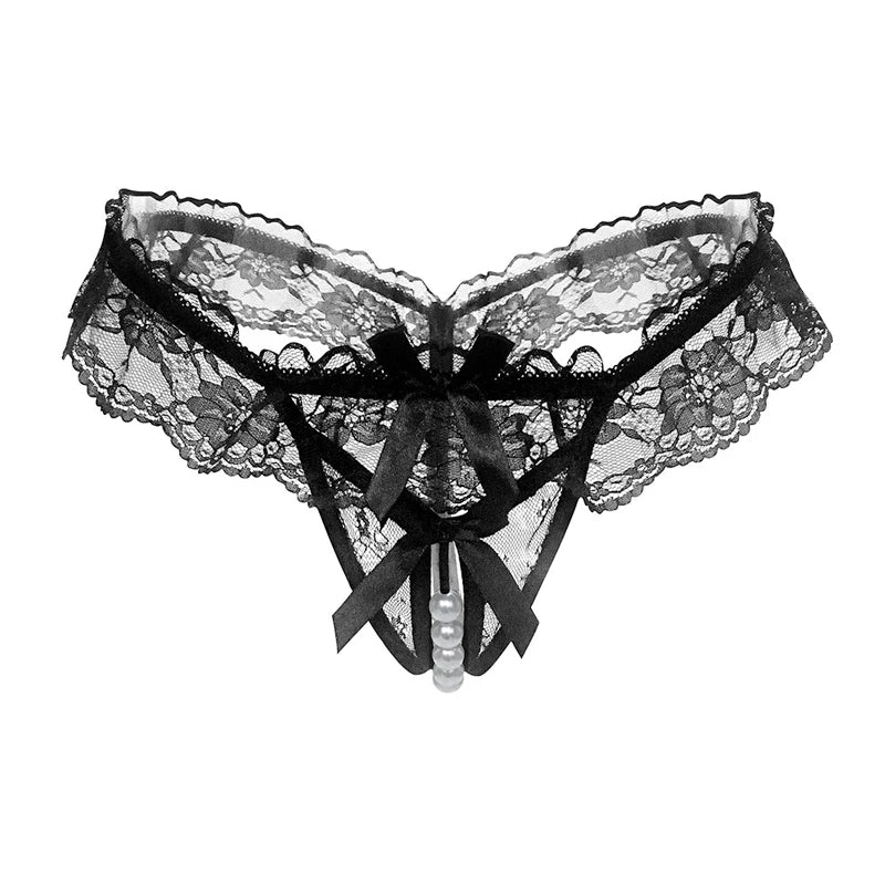Thong Women Open Crotch Pearl Embellished Sexy Lace Underwear Fashion Lingerie Set Valentine Gift for Her