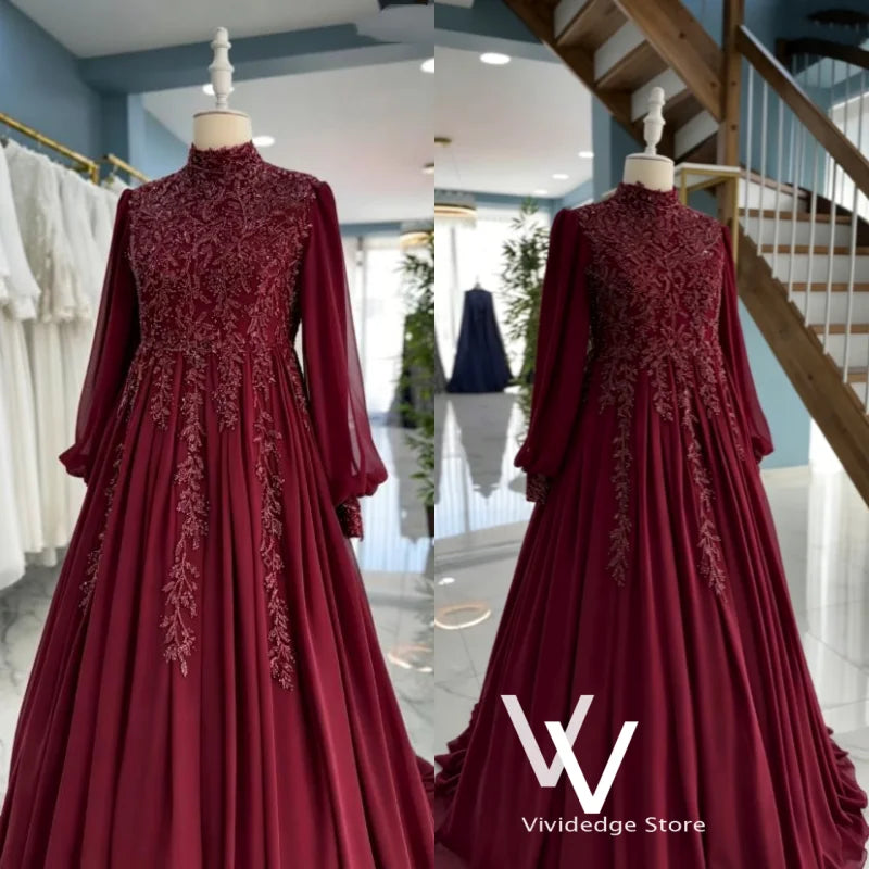 Muslim Wedding Dress Elegant Burgundy High-Neck Beaded vestidos Kaftan Long-Sleeved Henna Outfit Arabic Bridal Gown Customized