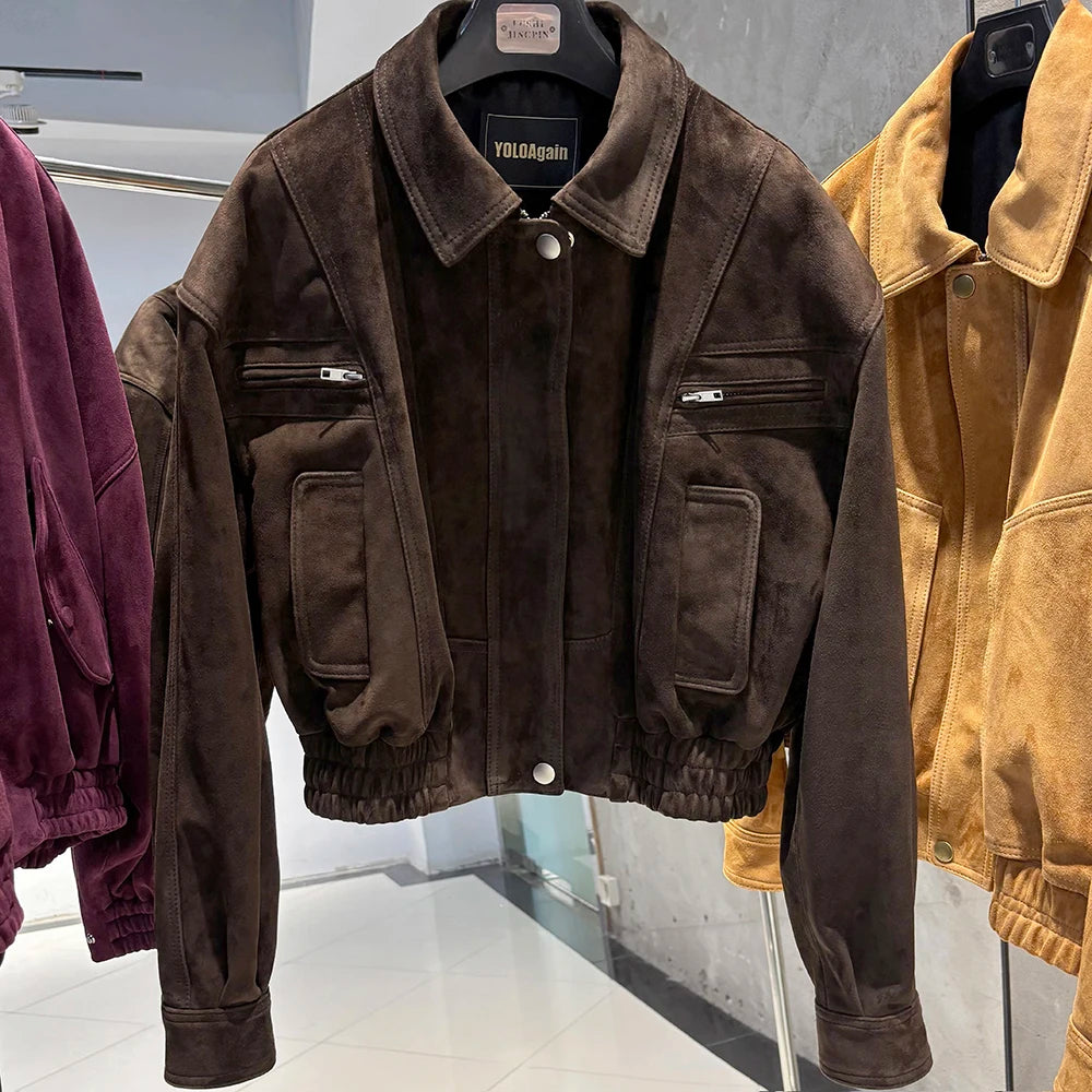 YOLOAgain 2025 Autumn Oversized Suede Jacket Women Real Leather Bomber Jacket Female