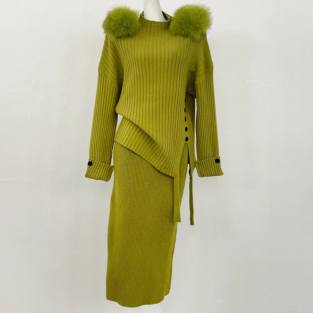 Sweater Set Warm suit Women Winter Knitted Suits two Piece Set Natural fox fur collar Sweater + Loose Trousers Office Lady Suit