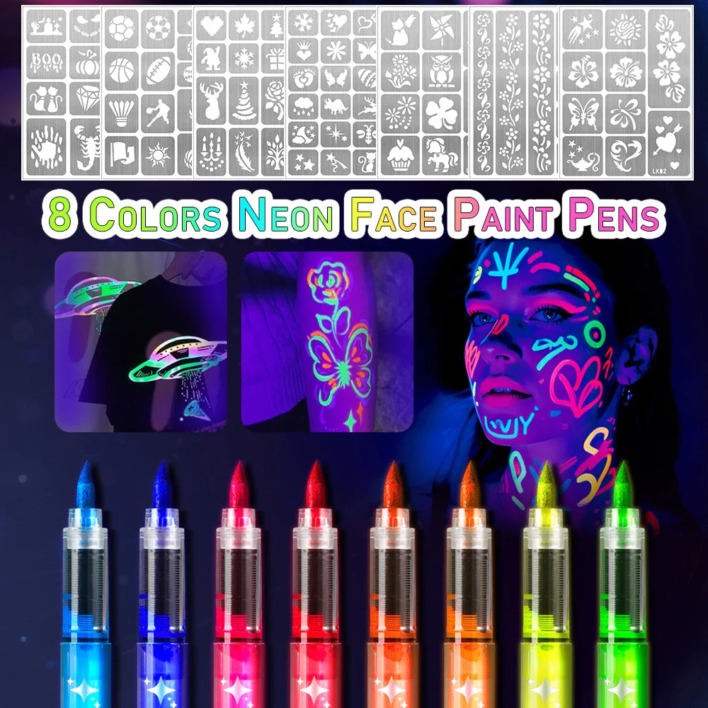 8 Glow in the Dark Body Paint UV Neon Face Paint Pens with 93 Tattoo Stencil Designs for Halloween Carnival Christmas Festival