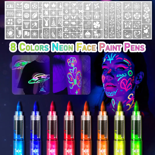 8 Glow in the Dark Body Paint UV Neon Face Paint Pens with 93 Tattoo Stencil Designs for Halloween Carnival Christmas Festival