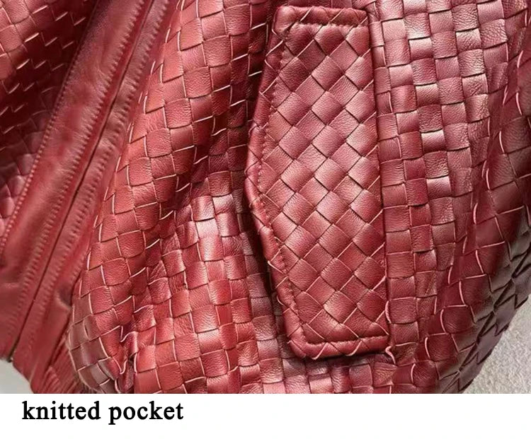 High-fashion Women Clothing 2025 New In Hand Knitting 100 % Leather Jacket Feminina Streetwear Burgundy Dropped Shoulder Coat