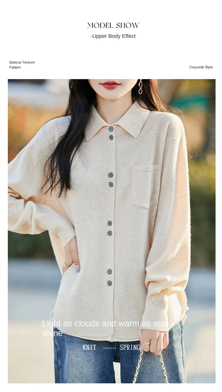 POLO Collar Wool Sweater 100 Pure Wool Spring And Autumn New Knitted Women Loose And Slimming Cardigan ZA682