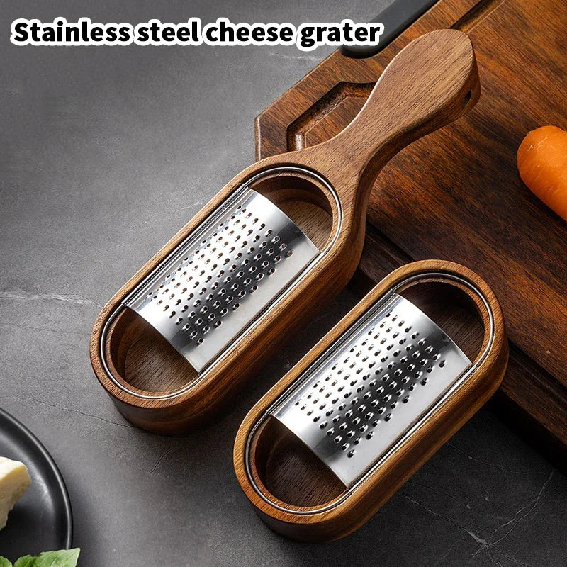 Handheld Stainless Steel Cheese Grater with Wood Handle Sharp Blades for Chocolate Fruits - Cheese Grating Tool with Storage Box