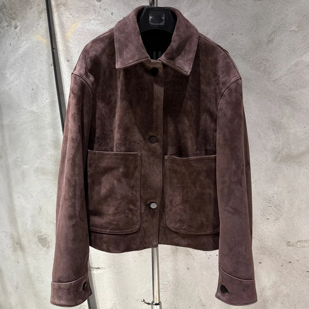 Suede Leather Blouson Women Winter Genuine Sheep Leather Coat Luxury Autumn Suede Blouse Lin24