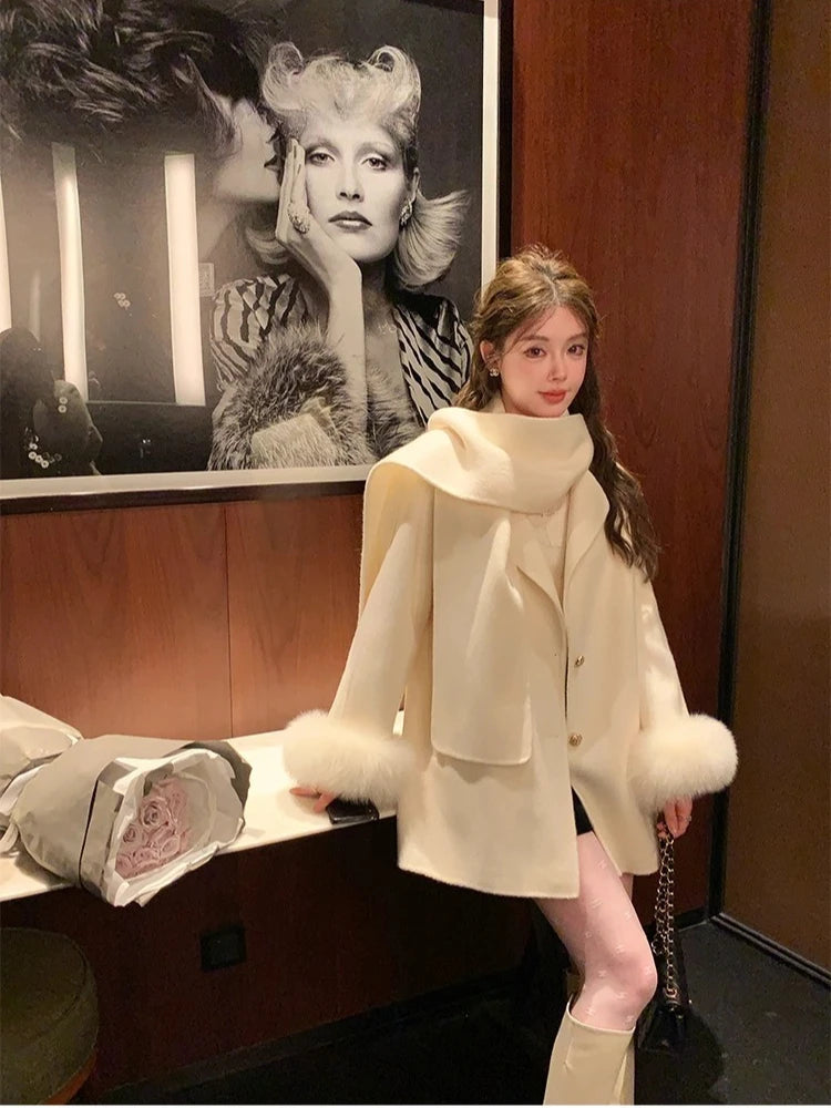 Elegant Wool Coat Warm Women Double Faced Luxury Real Fox Fur Sleeves 100 Wool Scarf Autumn Winter 2025 New Fashion Trench Coat