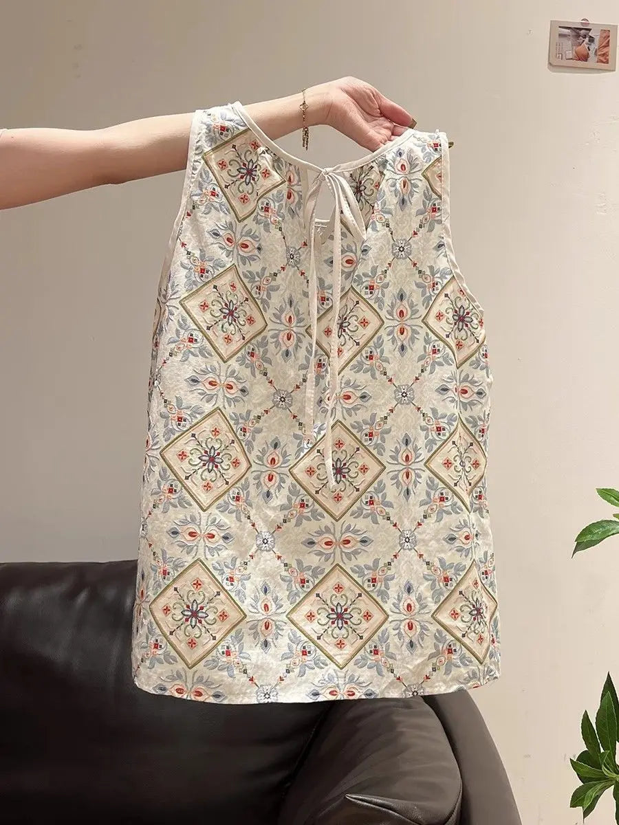 Women Clothing Summer Fashion Printing Contrasting Colors O-neck Female Trend Sexy All-match Appear Thin Sleeveless Tank Top Top