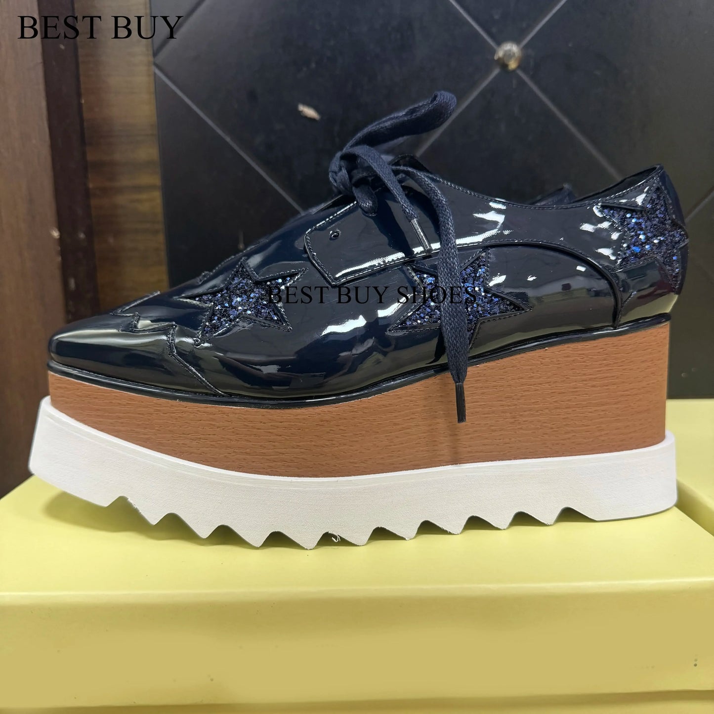 Women Fashion patent Stars high Loafers Shoes Lady Square Toe lace-up Thick Bottom Platform Wedge Shoes For Women sneakers