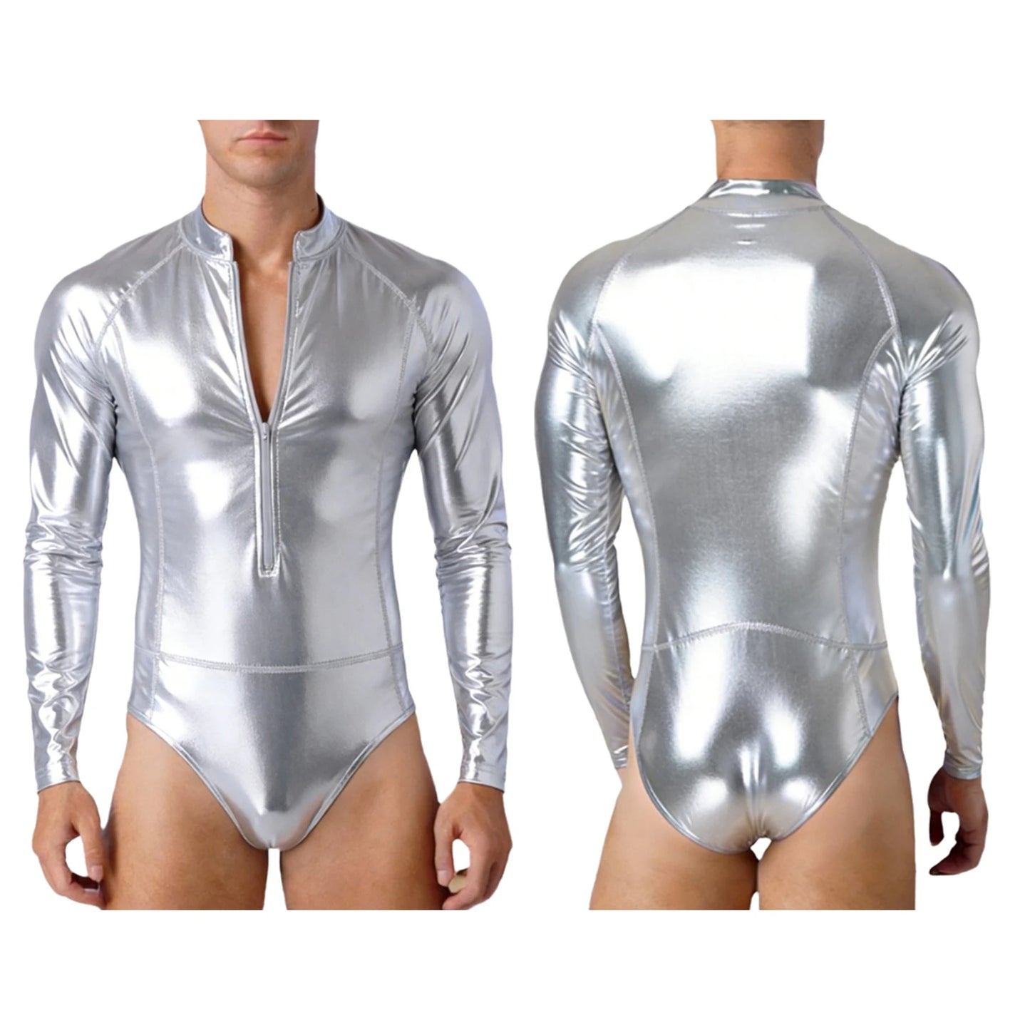 Mens Bathing Suits Swimsuits Metallic Shiny Bodysuit Long Sleeve One-piece for Nightclub Jazz Dance Beach Gymnastics Leotard