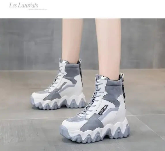2024 Women Thick Sole Ankle Boots Autumn Luxury Platform Casual Boots Women's 8cm High Heels Wedge Boots Shoes Woman Sneakers