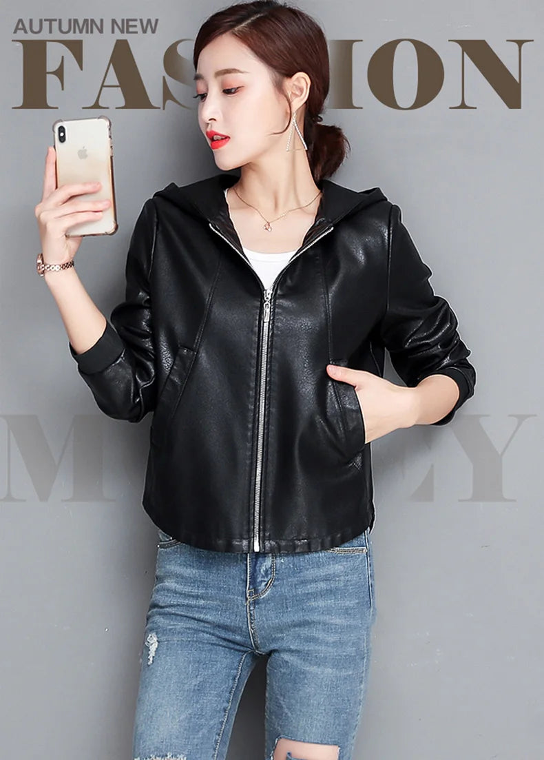 New Women Casual Leather Jacket Spring Autumn Fashion Hooded Zipper Split Leather Loose Outerwear Short Sheepskin Tops Coat