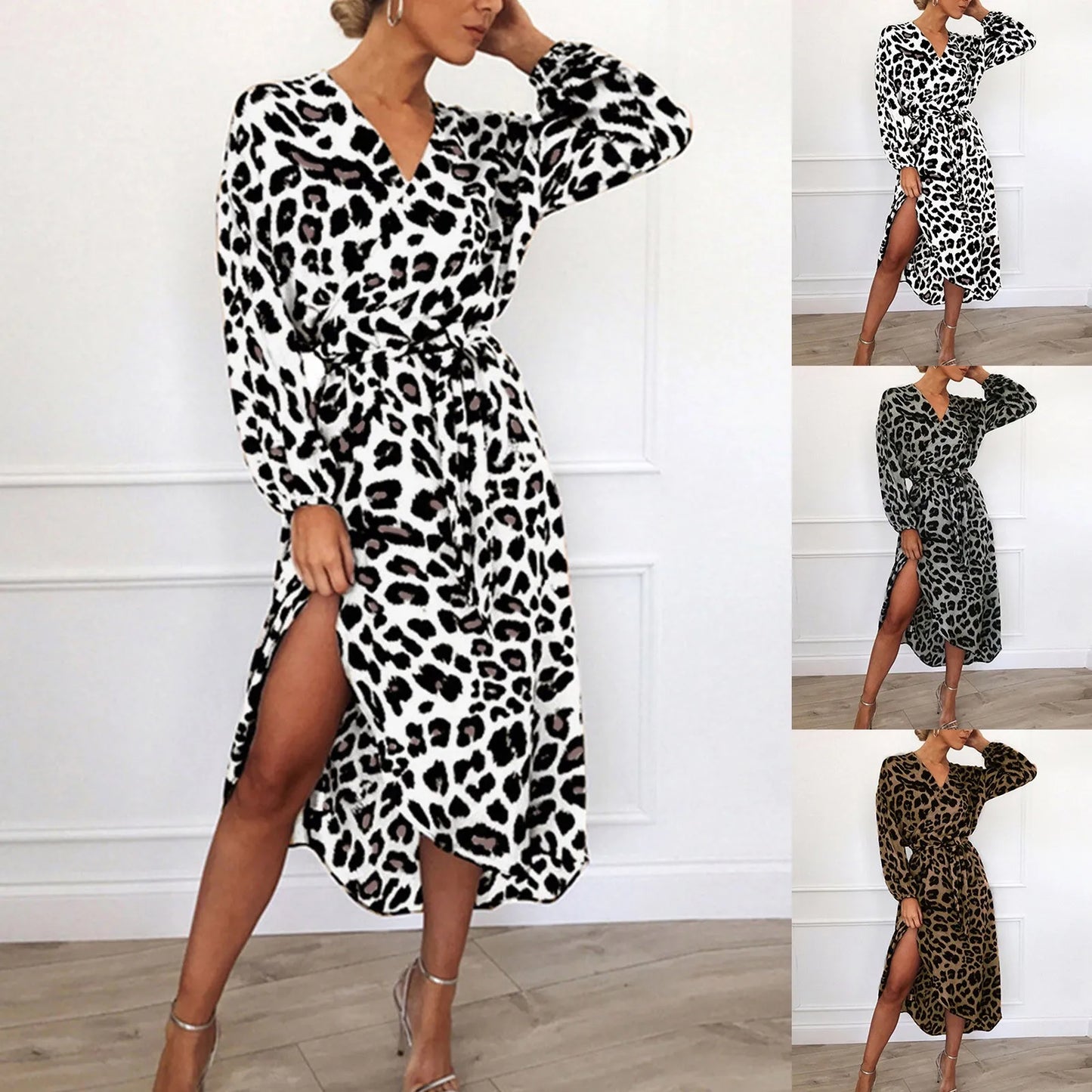 Sexy Leopard Shirt Dresses for Women Spring Summer Long Sleeve V Neck Wrap Maxi Dress Elegant Office Lady Party Midi Dress Robe