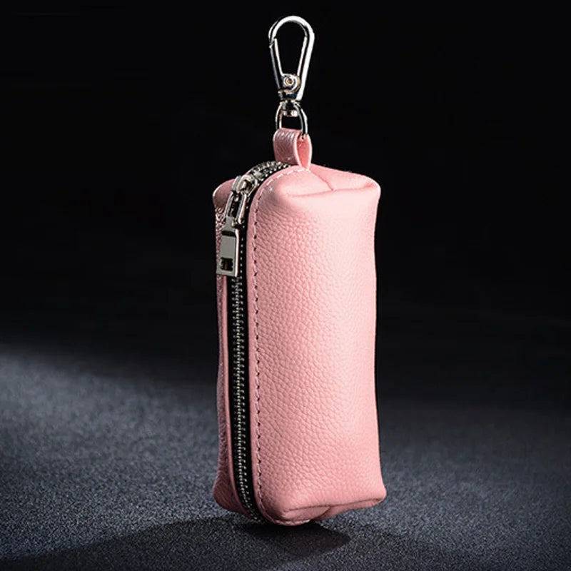 Genuine Leather Key Holder - Unisex Car/House Key Organizer Pouch with Long Keychain, Cow Split Leather Wallet Case