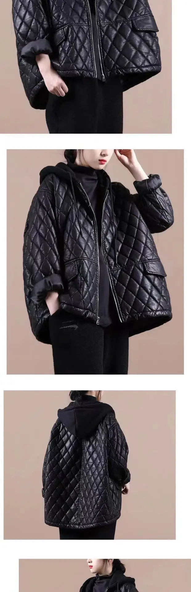 Faionable ort PU Leather Jaet Women's Thiened Cotton Inserted Outerwear Sli Commute Sle Long Sve Zipper Design